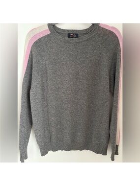 LUELLA cashmere wool crewneck pullover sweater med gray pink white strip sleeves